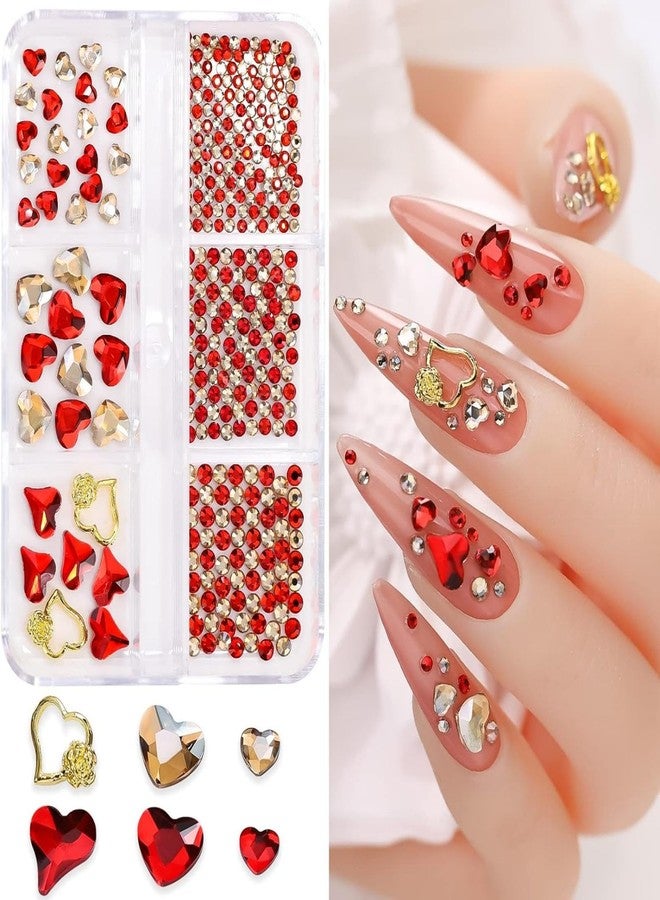 Maigitur 6Girds 767PCS 3D Red Heart Nail Art Charms Love Gems Glitter Decoration Red Valentine's Day Nail Heart Round Diamond Frame Studs Metal Rhinestones for Women Decorations Manicure Charms - Image 1